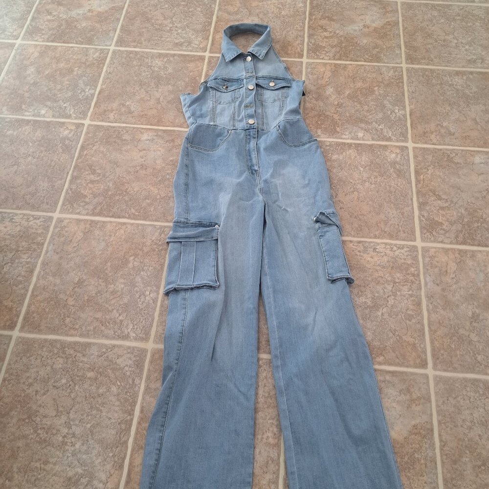 Fashion Nova Madelaine denim backless light wash jumpsuit NWT M